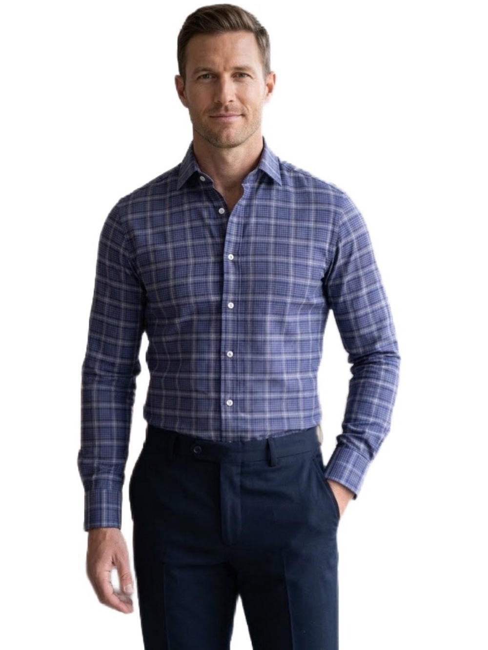 Brooklyn Tailors Blue/Tan Plaid Men's Shirt Slim Fit Size S 14 1/2 Neck